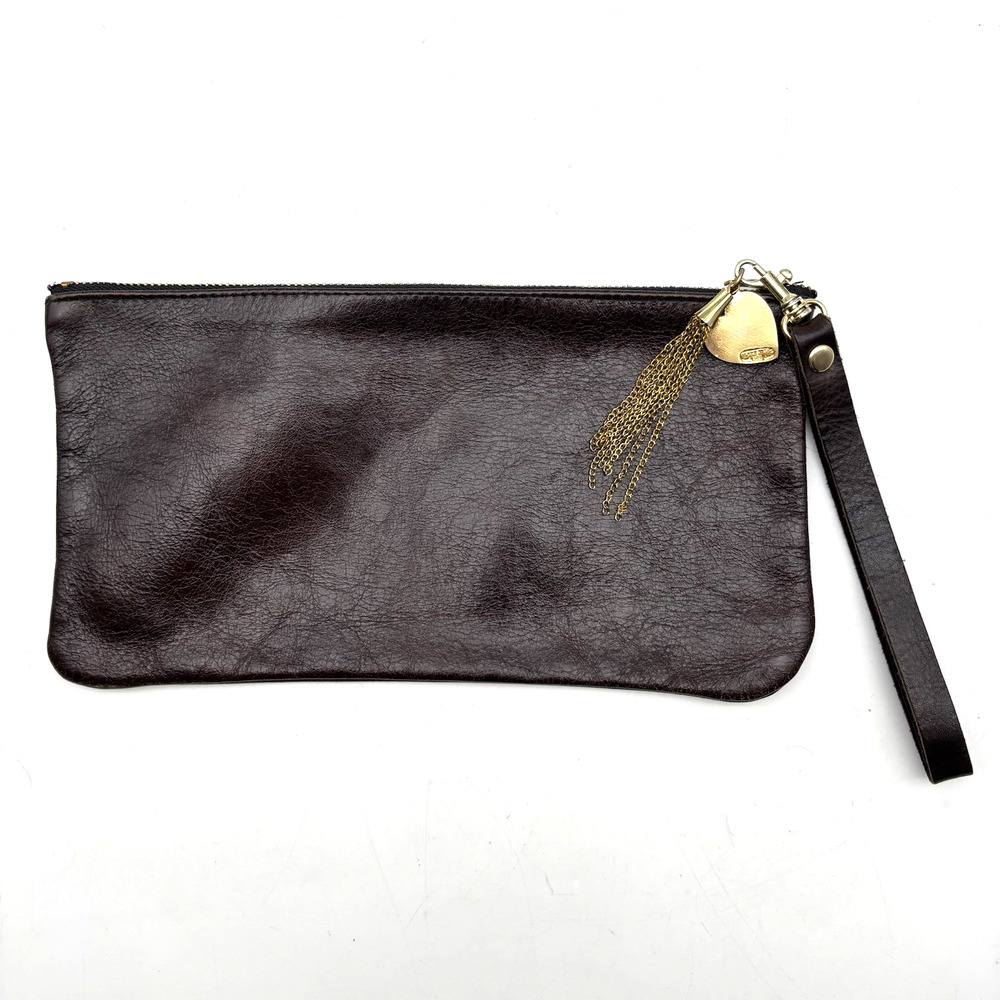 Vintage 90s Moss Mills USA Brown Genuine Leather Bag Charm Zip Wristlet 10x5.5"